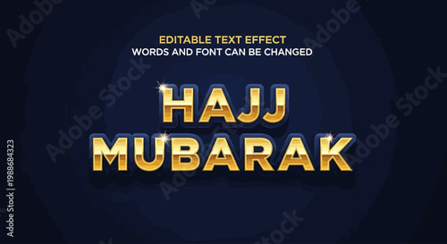 Vibrant golden metallic text effect for 'Hajj Mubarak' message, ideal for Islamic holiday greetings and cultural event designs on a dark background