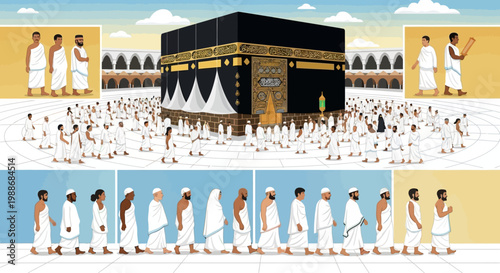 Pilgrims in Ihram performing Tawaf around the Kaaba during Hajj or Umrah pilgrimage in Mecca