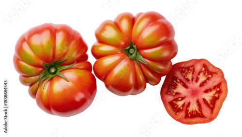 Two ripe heirloom tomatoes and one slice, isolated on transparent background