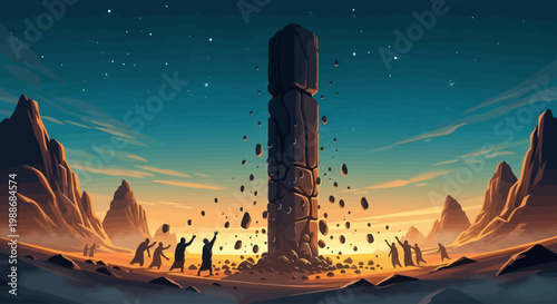 Mysterious ancient monolith dramatically rises from the earth as a group of awestruck figures observe under a twilight sky