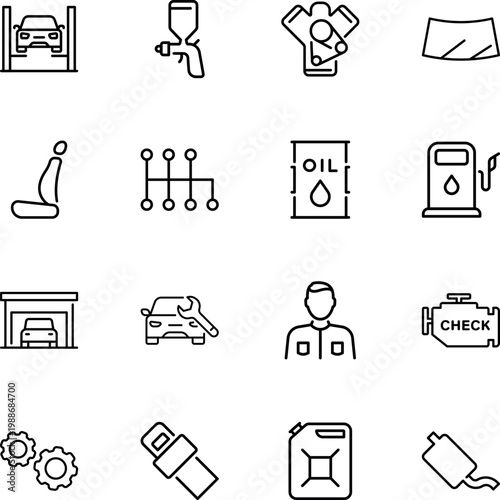 Automotive service repair garage parts icons set, car lift, spray gun, engine, gear shift, oil barrel