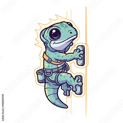 Cute cartoon gecko climbing on a wall with tools.