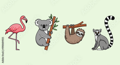Colorful cartoon animals in a row.