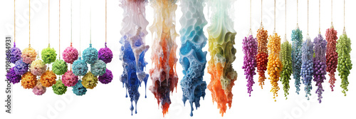  Set of cascading clusters, hanging in a row against Each cluster transitions through a gradient of colors isolated on a transparent background