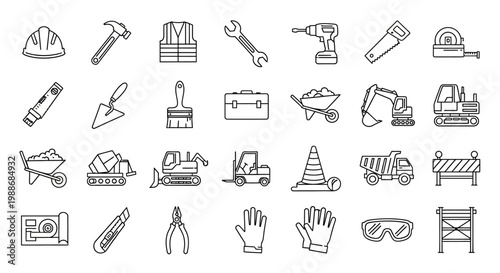 Construction tools and equipment icons.