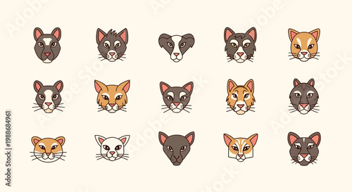 Collection of Various Cartoon Cat Faces.
