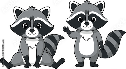 Cute raccoon cartoon characters vector set adorable woodland animal mascots isolated illustration kids friendly design bundle