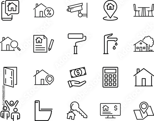 Real estate property home services housing vector icons, house, keys, camera, faucet, toilet, calculator, money, document