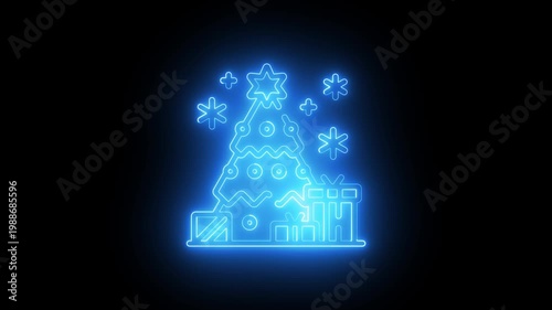 Glowing Blue Neon Christmas Tree with Gift Boxes and Snowflakes Animation on Black Background