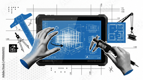 Modern halftone collage for architectural design and engineering concepts using digital CAD workstation tablet for 3D wireframe modeling with hands, caliper tools, blueprints, and t-squares.
