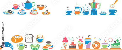 Colorful flat design illustrations of various breakfast and dessert items on white background
