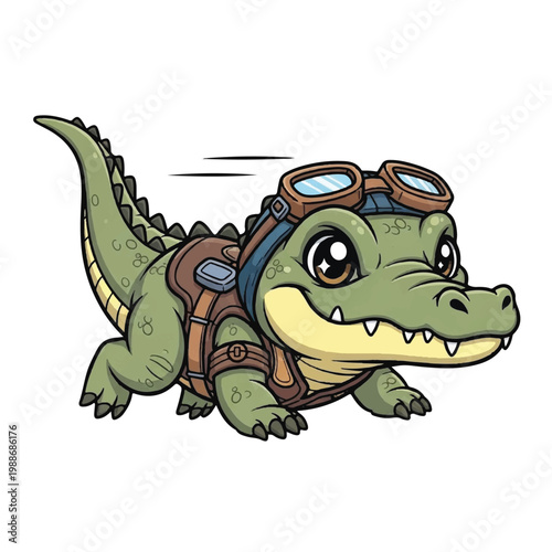 Cute cartoon alligator wearing goggles and a backpack.
