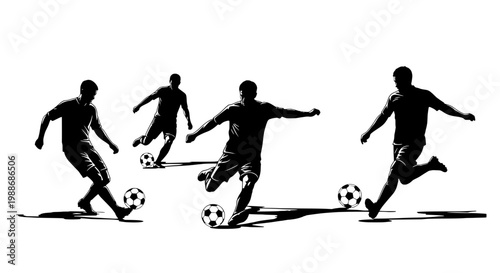 Soccer player icon set in black silhouette style, kicking ball on grass pitch for sports logo and branding