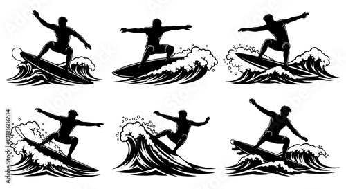 Boat surfer skateboarder wave riding set of six silhouettes with spray foam and motion lines for beach sports icons