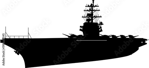 Large naval warship silhouette with flat flight deck and radar tower
