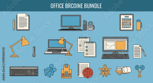 Office equipment and business tools icons.