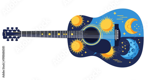 Guitar with celestial design on body.