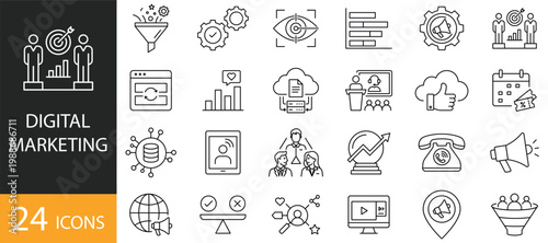 Digital marketing and business strategy icon set, 24 outline vector icons for sales funnel, target audience, analytics, and social media marketing.
