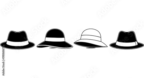 Hats set with black and white colors, stylish designs, and various styles including fedoras and bowlers, perfect for fashion illustrations.
