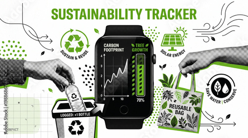 Sustainability Tracker Smartwatch App Concept. Creative halftone collage with recycling, solar energy, carbon footprint monitoring and reusable bag for eco-friendly green living lifestyle art.