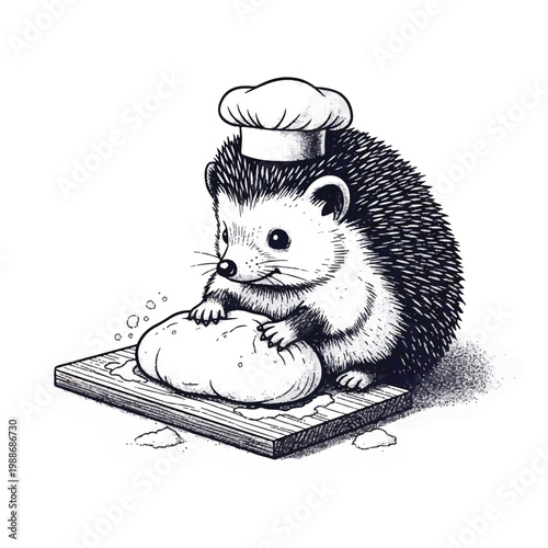 Cute hedgehog chef kneading dough on a wooden board.
