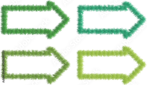 Green fuzzy right arrow icons set. Hand drawn textured direction symbols. Simple navigation indicators for interface design.