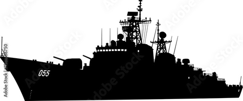 Modern guided missile destroyer silhouette features advanced radar arrays