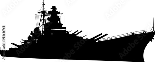 Naval battleship silhouette with heavy artillery gun turrets