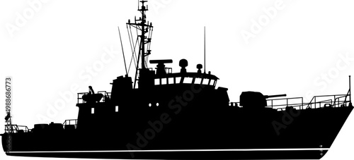 Naval patrol vessel silhouette equipped with radar and deck gun
