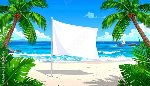 A vibrant tropical beach scene with palm trees, a blue ocean and a blank white flag.