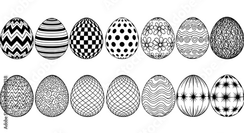 Eggs decorated with various intricate patterns and designs in black and white featuring artistic, Easter, illustration with vector and doodle