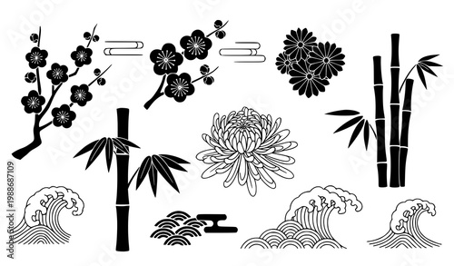 Japanese floral bamboo wave vector silhouette set traditional pattern