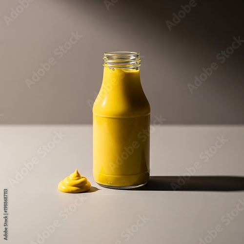 A glass bottle of yellow mustard on a plain surface with a small dollop