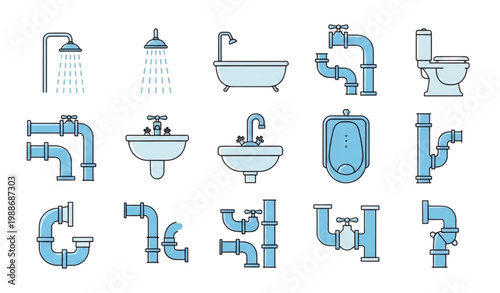 Plumbing bathroom icon set vector sink toilet faucet pipe system