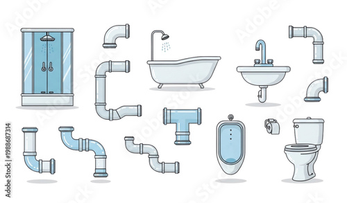 Bathroom plumbing vector icon set sanitary fixtures pipes illustration