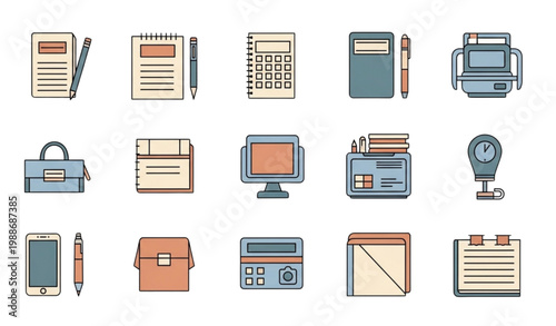 Stationery office supply icons vector set paper clip stapler glue