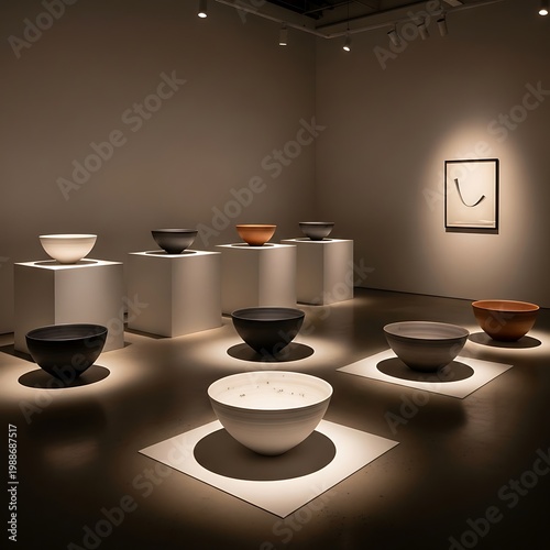 Art exhibit showcases minimalist ceramic bowls on illuminated pedestals