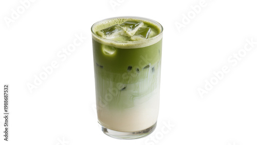 Tall glass of iced matcha latte with layered milk and green tea, isolated on transparent background