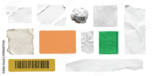 Set of torn paper pieces and stickers with barcode vector illustration collection