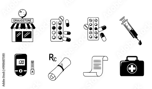 Medical pharmacy vector icons pills syringe healthcare set illustration