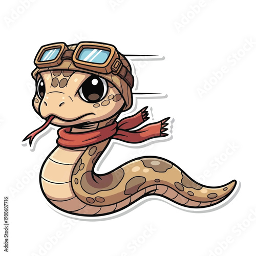 Cute cartoon snake wearing aviator goggles and scarf.