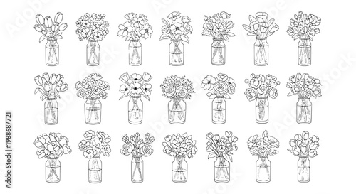 Flowers hand drawn set with black outlined bouquets in glass vases on white background for decoration and design