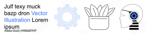Technology, human mind, innovation, growth, nature, conceptual ideas. Visuals include a gear shape, potted plant and human profile with cog symbol. Technology and human mind linked to innovation