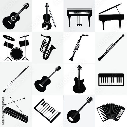 Set of 16 Black Musical Instrument Silhouettes Vector Icons