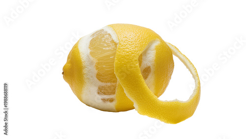 Partially peeled yellow lemon with spiral peel, isolated on transparent background