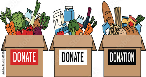 Cardboard donation boxes overflowing with fresh vegetables dairy products and bread for food bank charity drive and humanitarian aid community support programs.