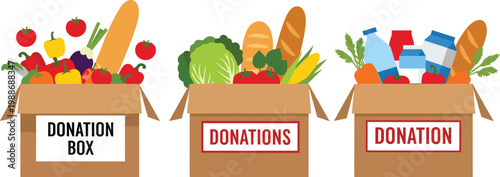 Cardboard donation boxes filled with fresh vegetables bread and milk products for food drive charity and humanitarian aid community support concepts.