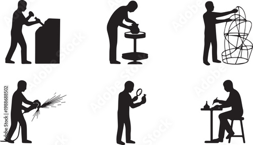 Black silhouette craftsmen workers set, industrial workshop activities, welding carving pottery design tools vector illustration collection