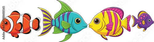 Set of colorful tropical fish vector illustrations including clownfish and angelfish characters for aquarium underwater sea life and marine animal designs.