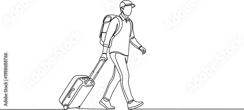 Minimal line art traveler walking with suitcase and backpack vector illustration travel journey concept